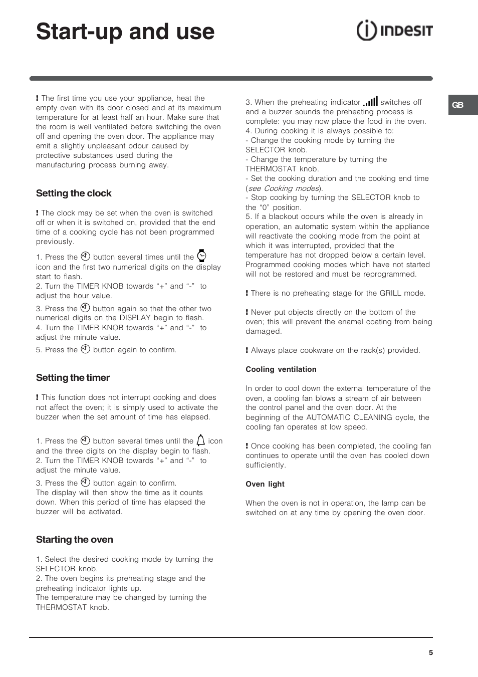 Start-up and use, Setting the clock, Setting the timer | Starting the oven | Indesit I. 89 K GP.A UK User Manual | Page 5 / 16