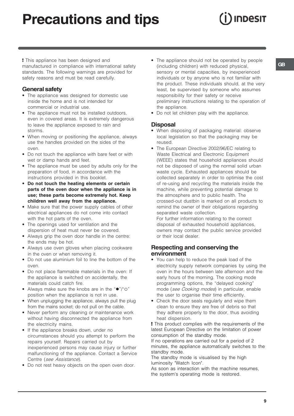 Precautions and tips, General safety, Disposal | Respecting and conserving the environment | Indesit I. 89 K GP.A UK User Manual | Page 9 / 16