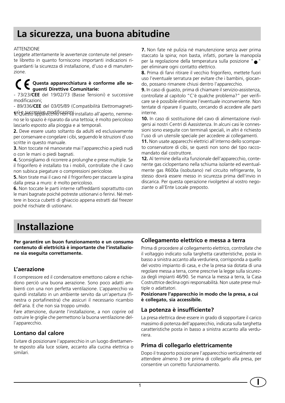 La sicurezza, una buona abitudine, Installazione | Indesit CG 3100 User Manual | Page 3 / 52