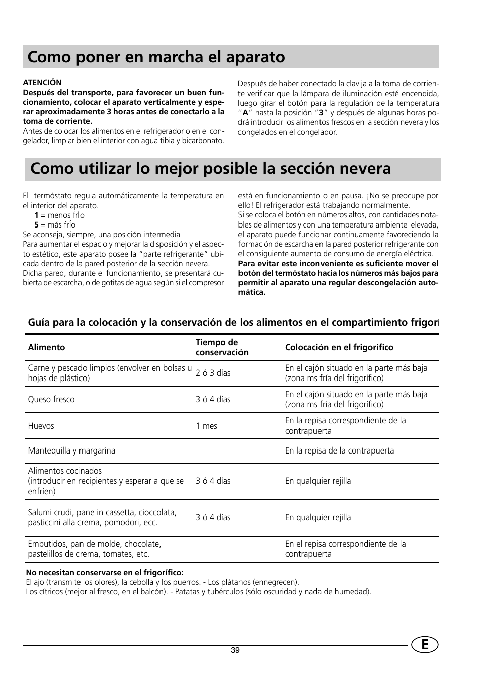 Como poner en marcha el aparato, Como utilizar lo mejor posible la sección nevera | Indesit CG 3100 User Manual | Page 41 / 52