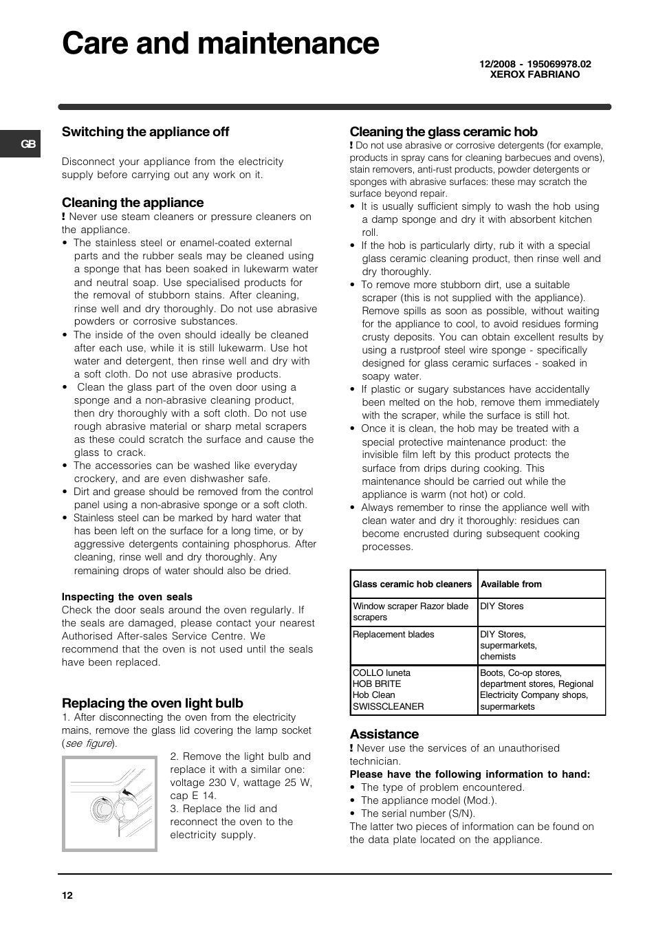 Care and maintenance, Switching the appliance off, Cleaning the appliance | Replacing the oven light bulb, Cleaning the glass ceramic hob, Assistance | Indesit KP902CX User Manual | Page 12 / 12