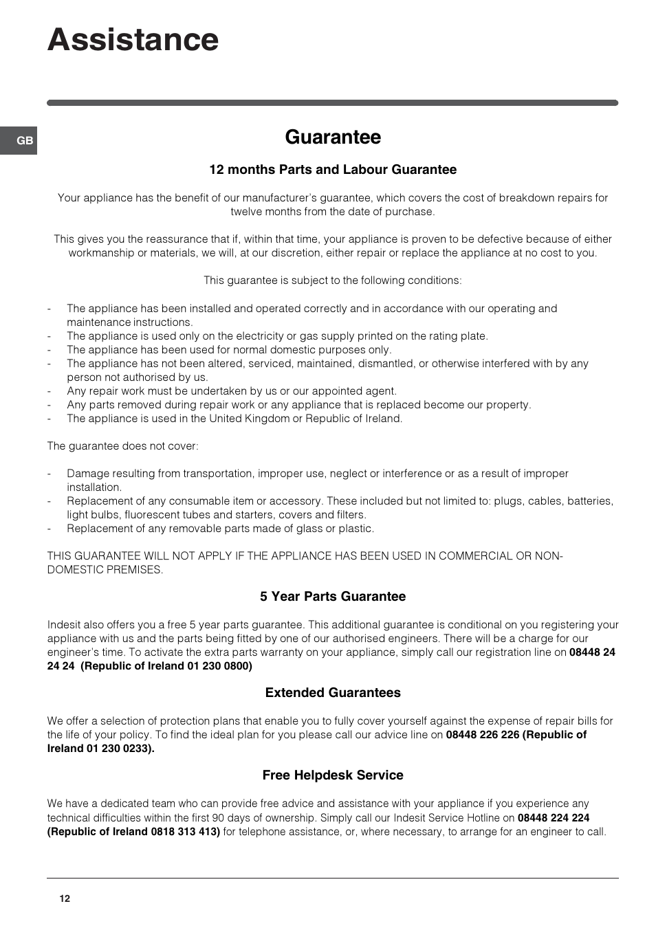 Assistance, Guarantee | Indesit Refrigerator User Manual | Page 12 / 16