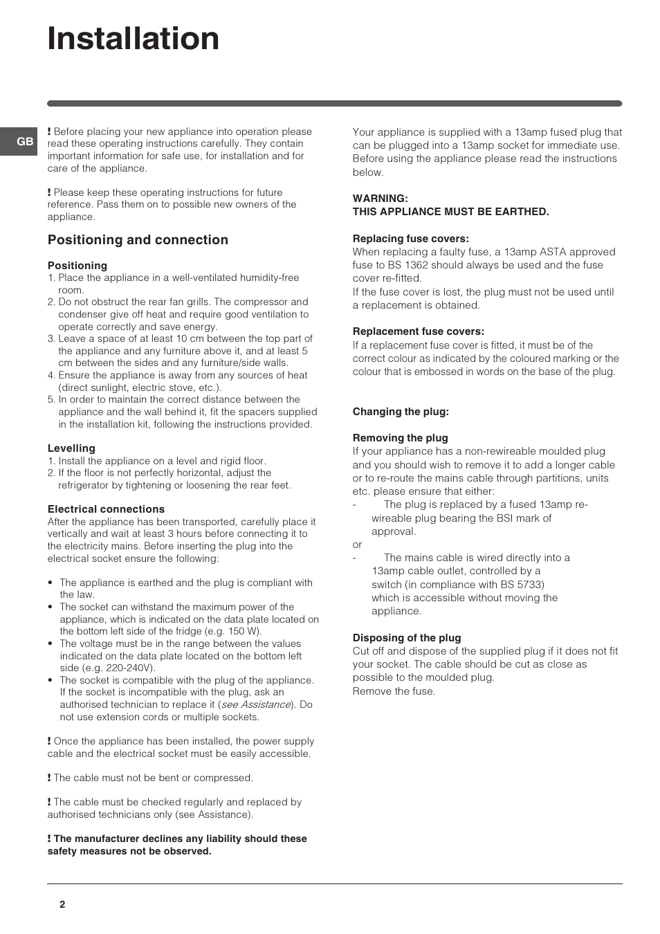 Installation, Positioning and connection | Indesit Refrigerator User Manual | Page 2 / 16