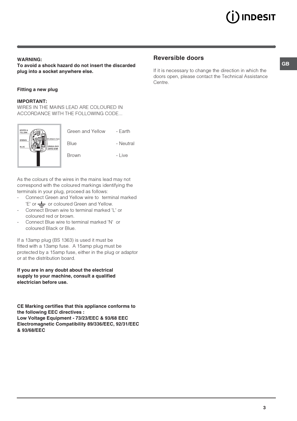 Reversible doors | Indesit Refrigerator User Manual | Page 3 / 16