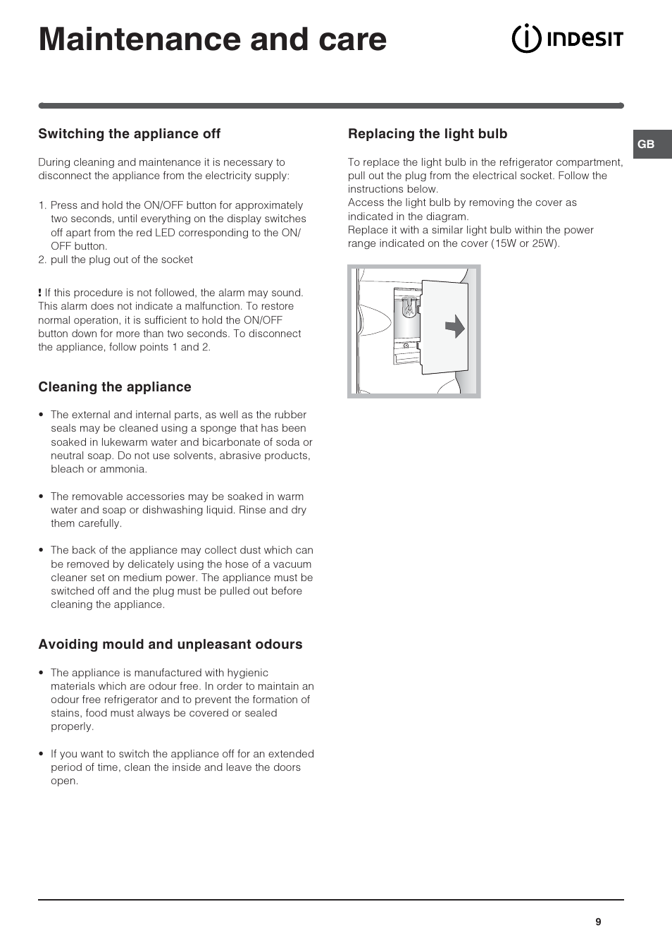 Maintenance and care | Indesit Refrigerator User Manual | Page 9 / 16