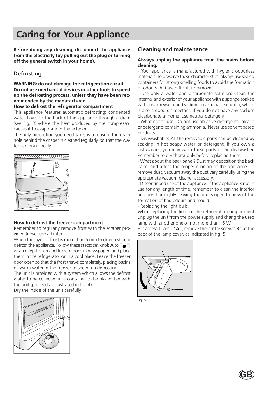 Caring for your appliance | Indesit BA 13 S User Manual | Page 11 / 17