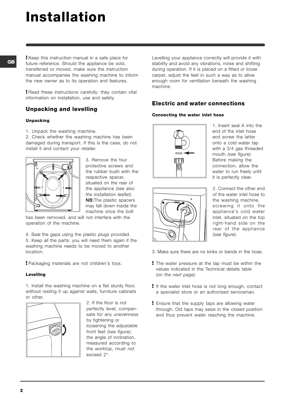 Installation, Unpacking and levelling, Electric and water connections | Indesit WIL 123 S User Manual | Page 2 / 16