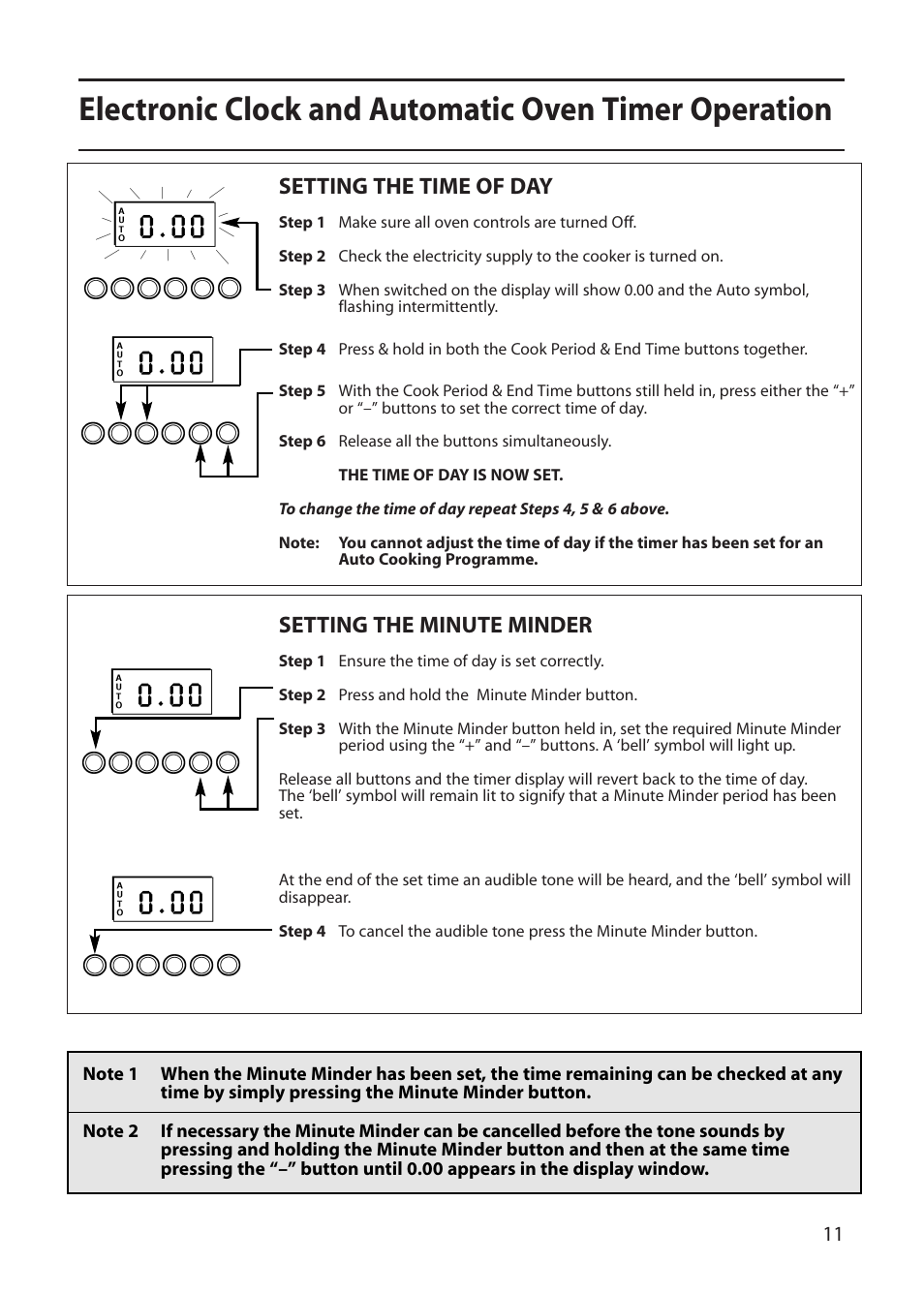 Setting the time of day, Setting the minute minder | Indesit FDE20 User Manual | Page 11 / 40