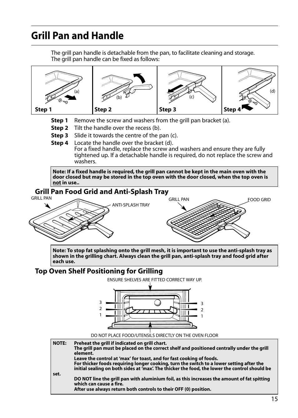 Grill pan and handle | Indesit FDE20 User Manual | Page 15 / 40