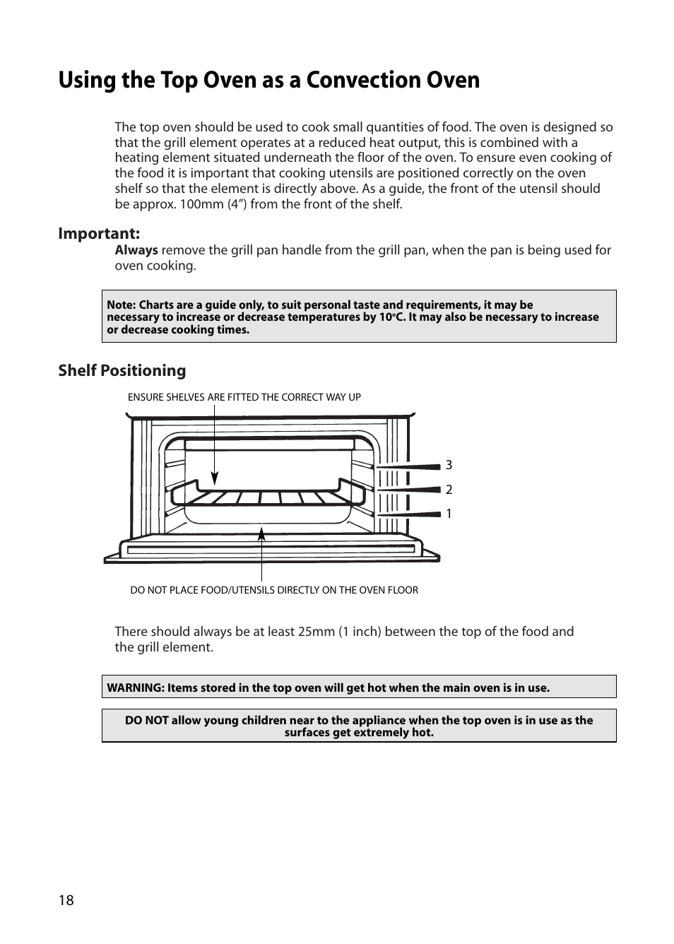 Using the top oven as a convection oven, Important, Shelf positioning | Indesit FDE20 User Manual | Page 18 / 40