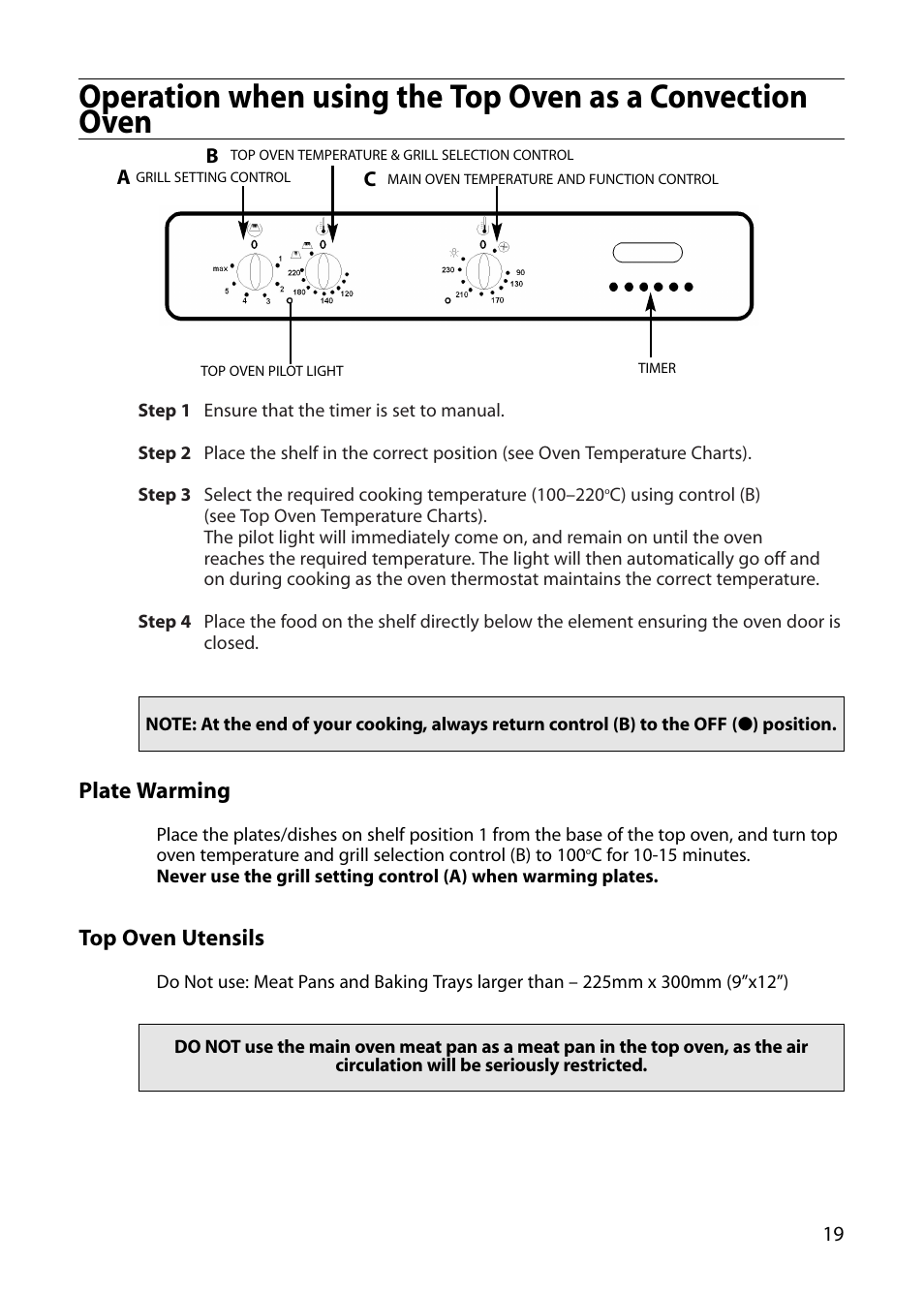 Plate warming, Top oven utensils | Indesit FDE20 User Manual | Page 19 / 40