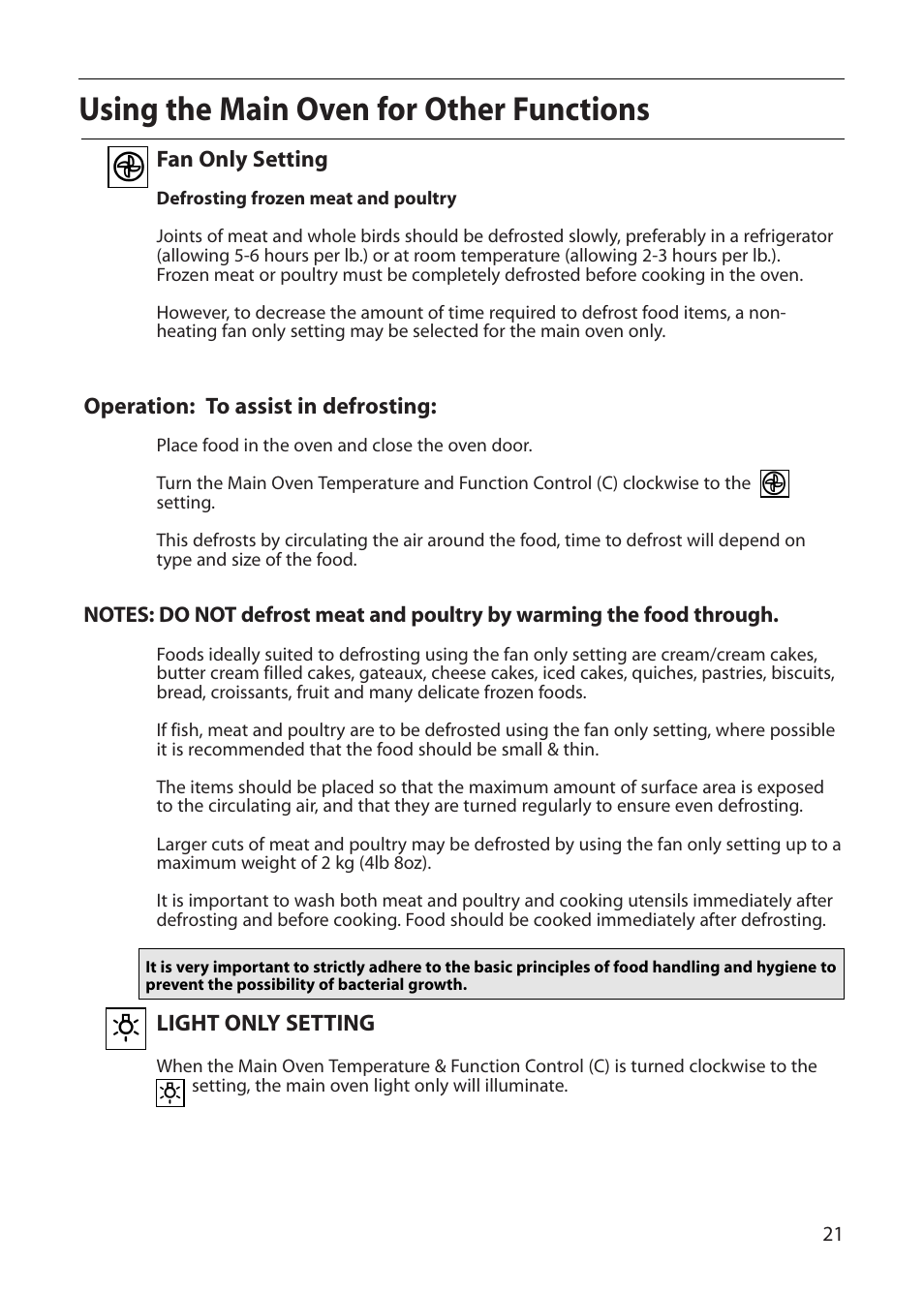 Using the main oven for other functions | Indesit FDE20 User Manual | Page 21 / 40