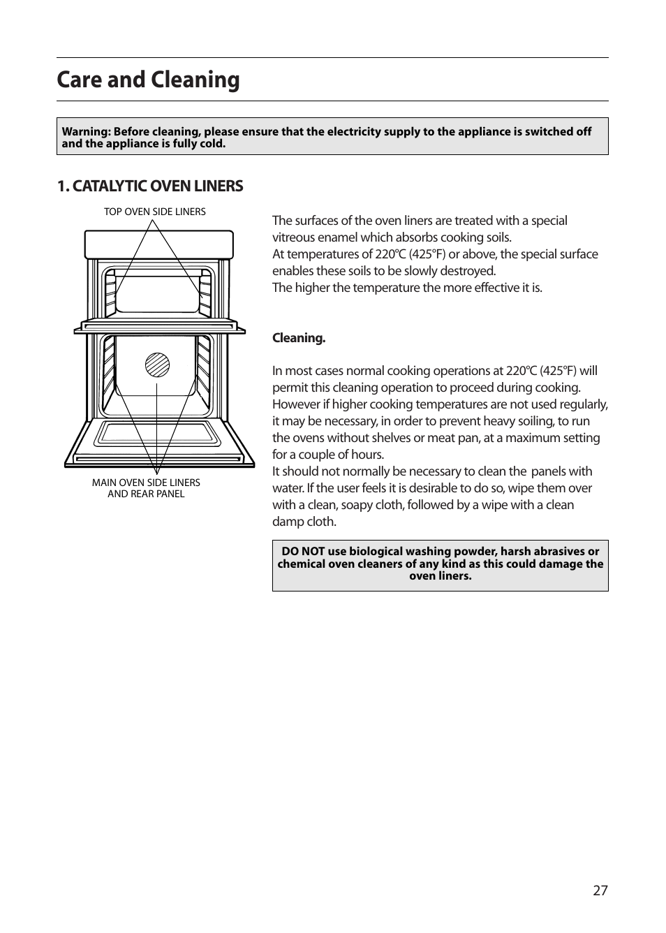 Care and cleaning, Catalytic oven liners | Indesit FDE20 User Manual | Page 27 / 40