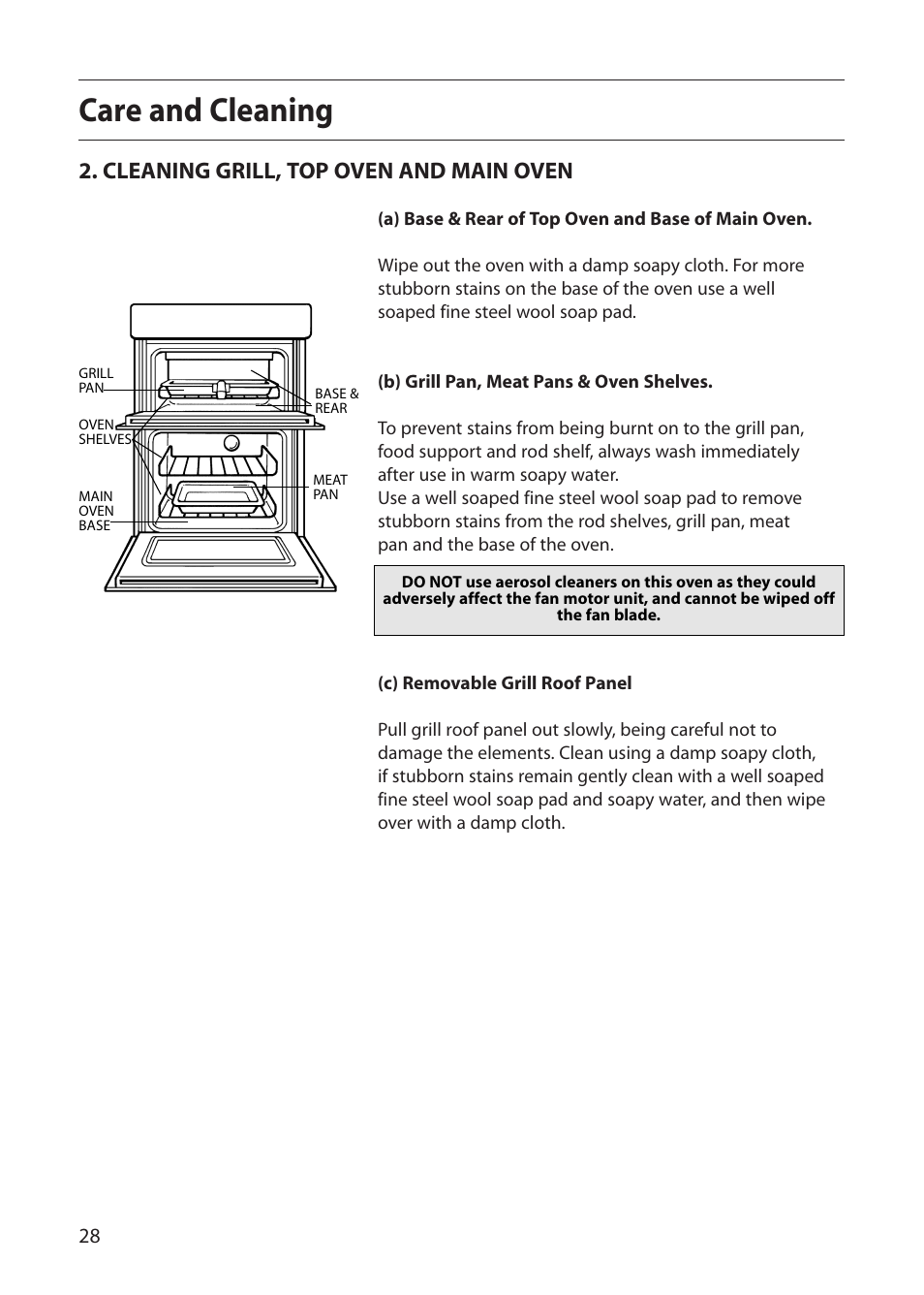 Care and cleaning, Cleaning grill, top oven and main oven | Indesit FDE20 User Manual | Page 28 / 40