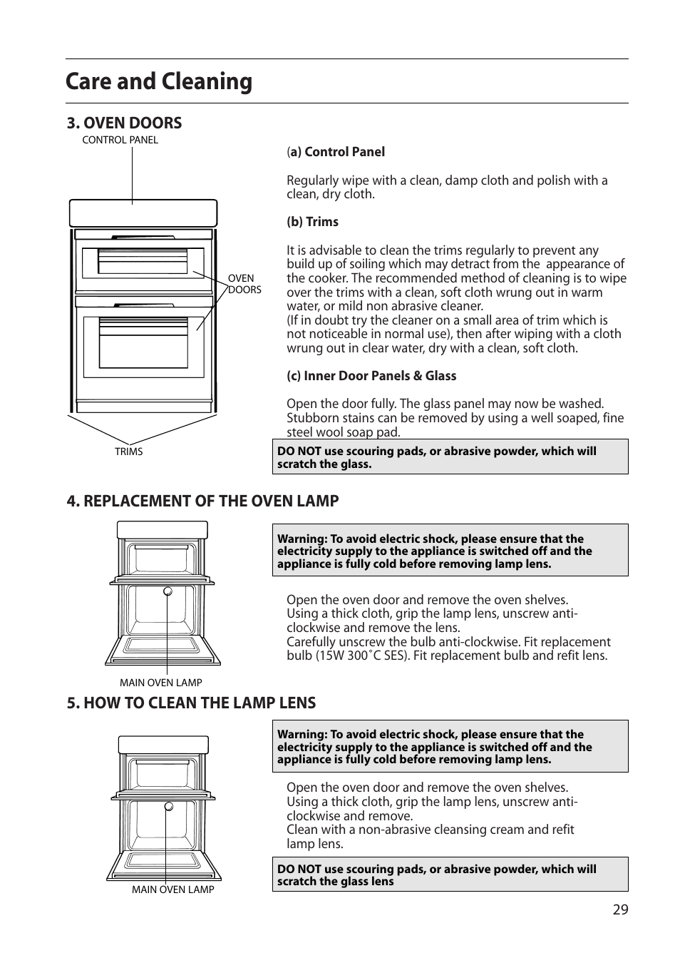 Care and cleaning, Oven doors, Replacement of the oven lamp | How to clean the lamp lens | Indesit FDE20 User Manual | Page 29 / 40