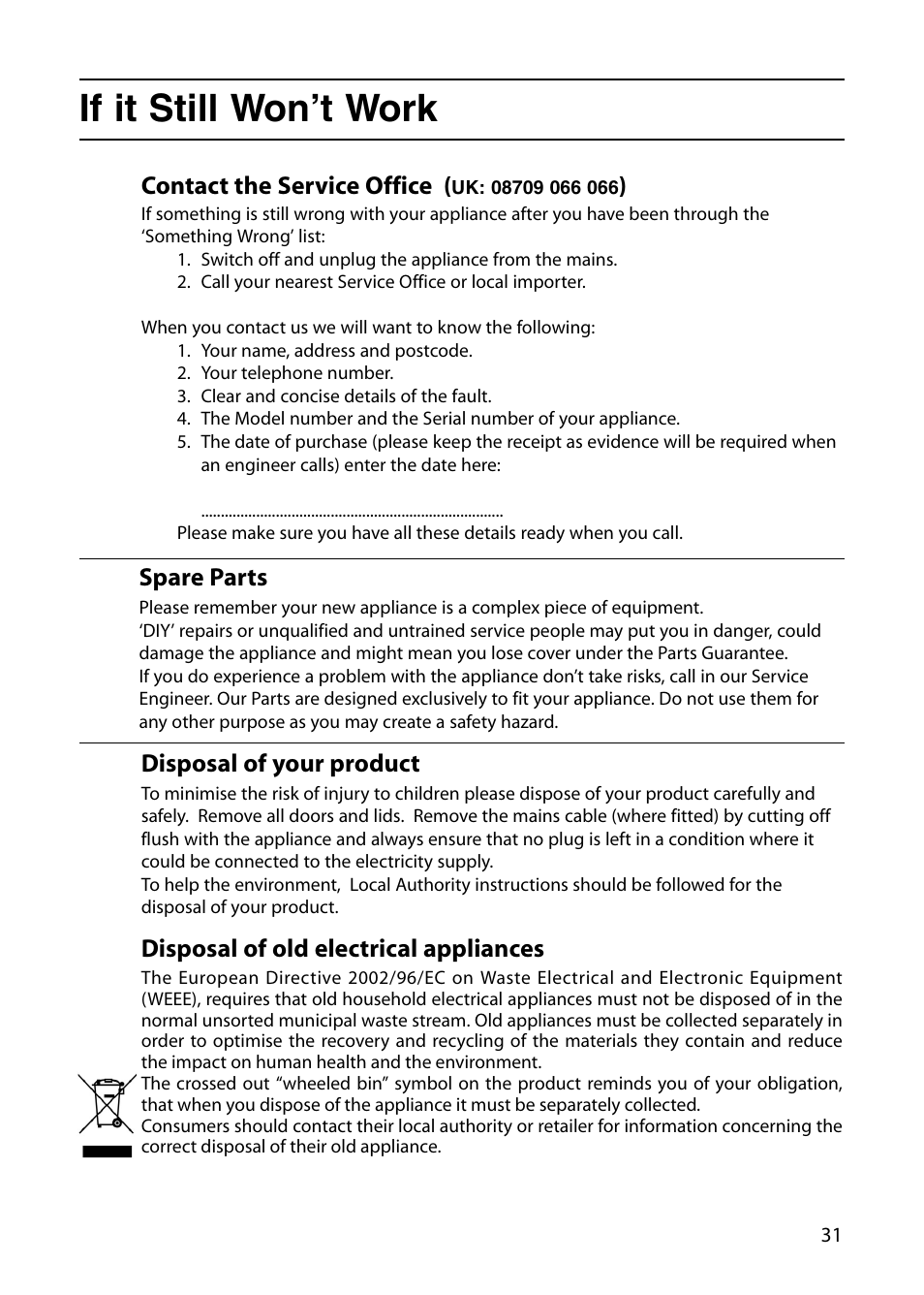 If it still won’t work, Contact the service office, Disposal of your product | Disposal of old electrical appliances, Spare parts | Indesit KD6G25XIR User Manual | Page 31 / 32
