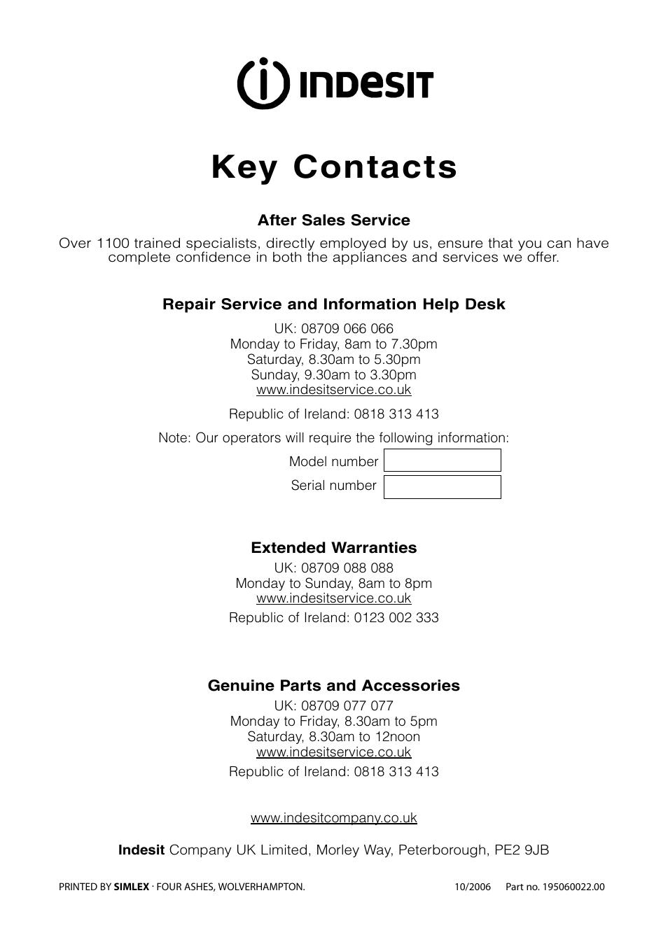 Key contacts | Indesit KD6G25XIR User Manual | Page 32 / 32