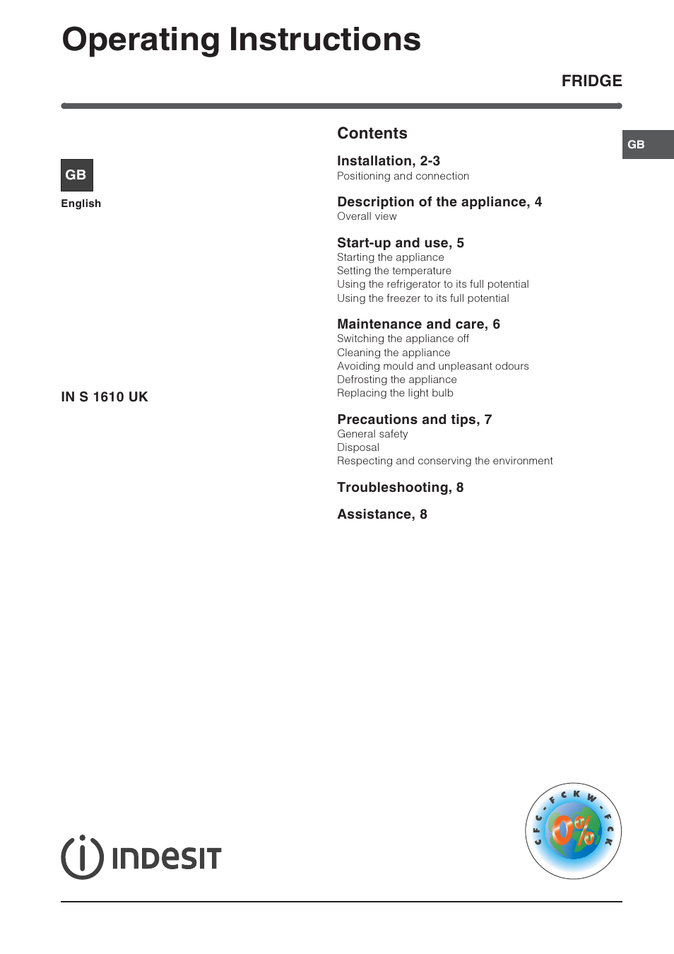 Indesit IN S 1610 UK User Manual | 8 pages