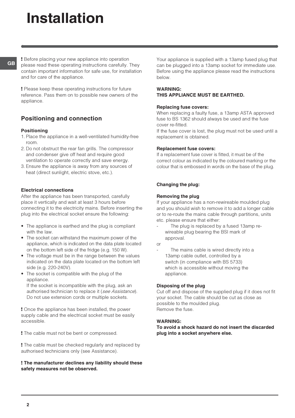 Installation, Positioning and connection | Indesit IN S 1610 UK User Manual | Page 2 / 8