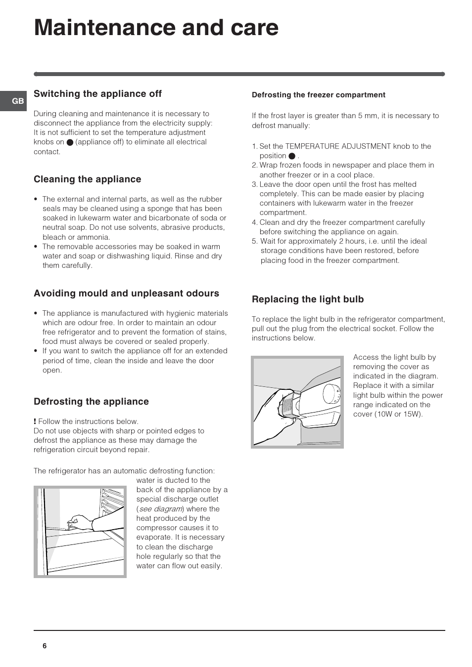 Maintenance and care | Indesit IN S 1610 UK User Manual | Page 6 / 8