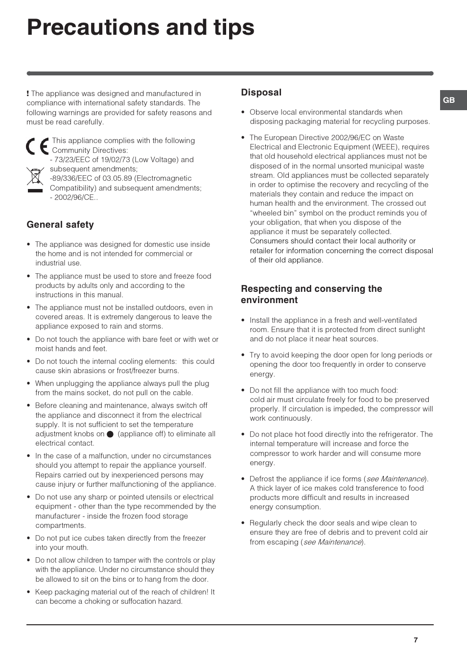 Precautions and tips, General safety, Disposal | Respecting and conserving the environment | Indesit IN S 1610 UK User Manual | Page 7 / 8