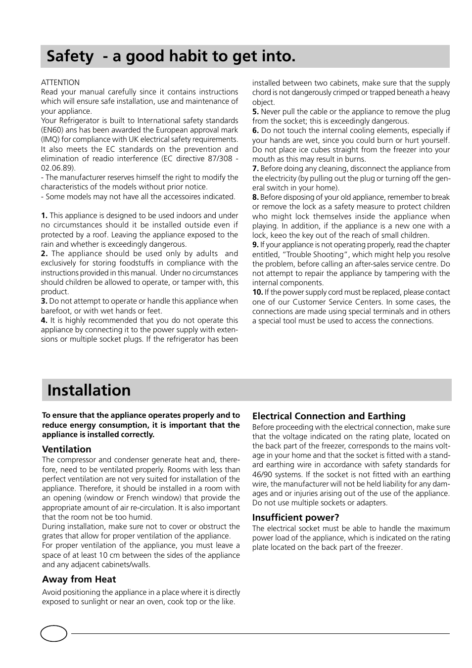 Installation, Safety - a good habit to get into | Indesit GCO120 User Manual | Page 10 / 60