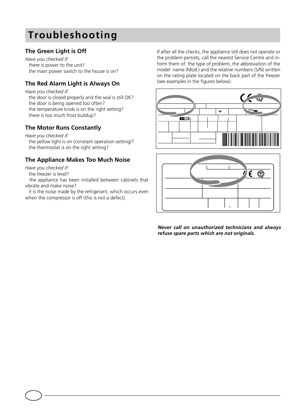 Troubleshooting, The green light is off, The red alarm light is always on | The motor runs constantly, The appliance makes too much noise | Indesit GCO120 User Manual | Page 16 / 60