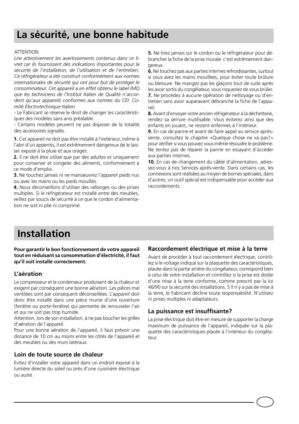 Installation, La sécurité, une bonne habitude | Indesit GCO120 User Manual | Page 17 / 60