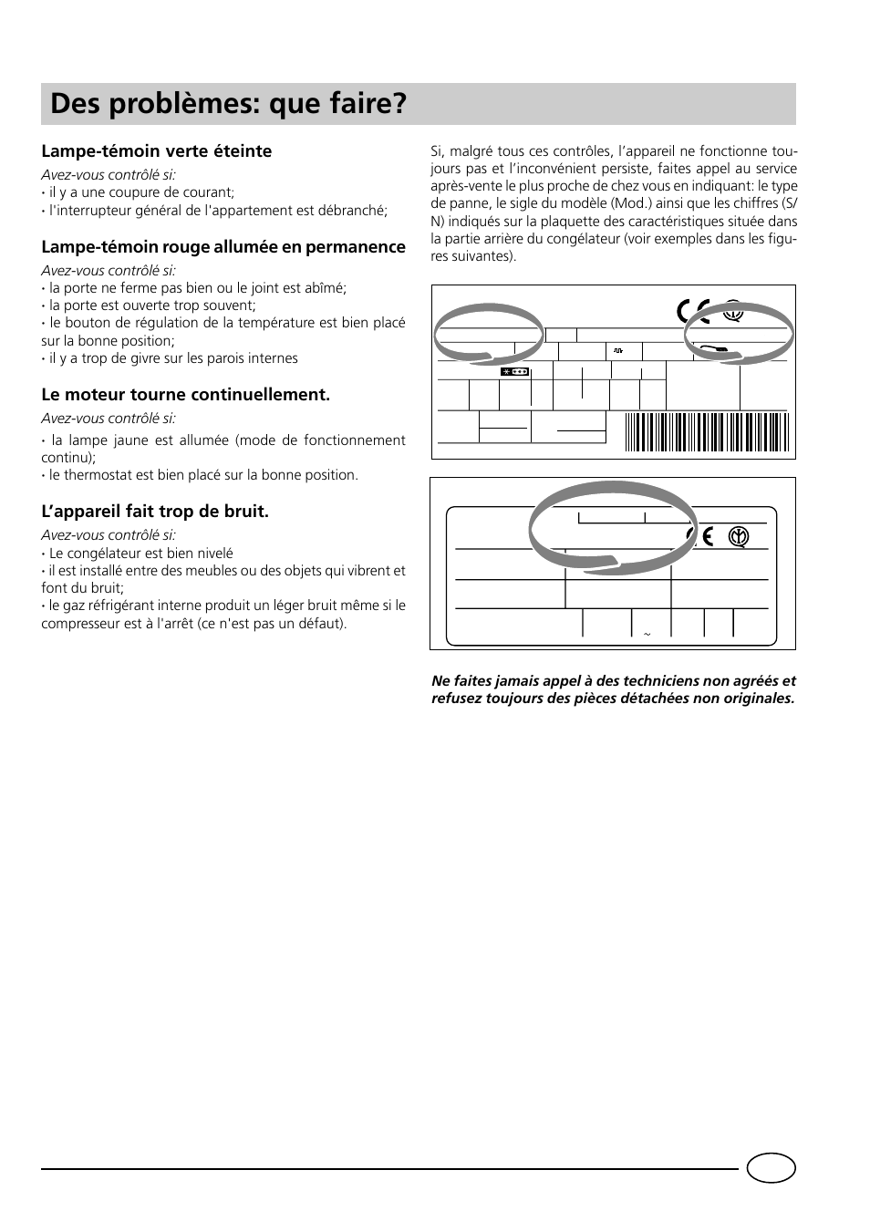 Des problèmes: que faire, Lampe-témoin verte éteinte, Lampe-témoin rouge allumée en permanence | Le moteur tourne continuellement, L’appareil fait trop de bruit | Indesit GCO120 User Manual | Page 23 / 60