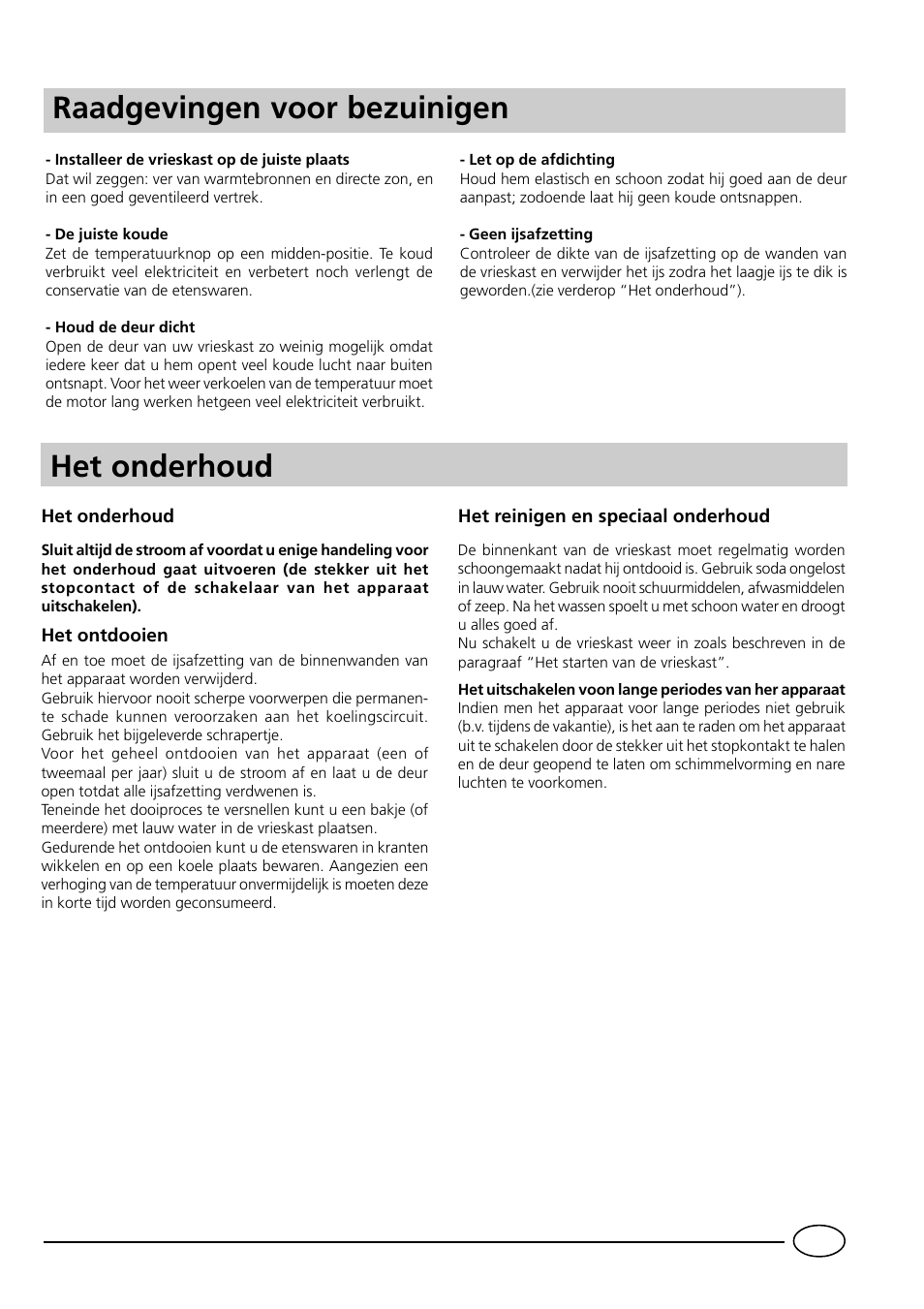 Het onderhoud, Raadgevingen voor bezuinigen | Indesit GCO120 User Manual | Page 29 / 60