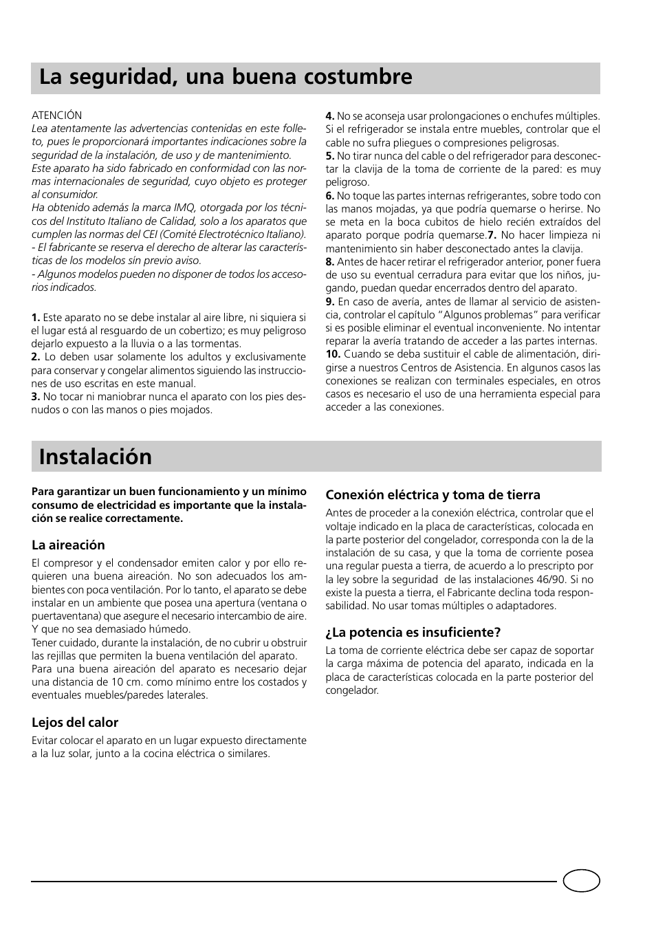 Instalación, La seguridad, una buena costumbre | Indesit GCO120 User Manual | Page 31 / 60