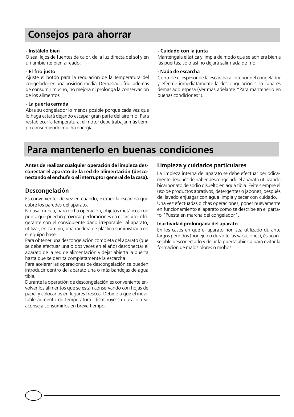 Para mantenerlo en buenas condiciones, Consejos para ahorrar | Indesit GCO120 User Manual | Page 36 / 60