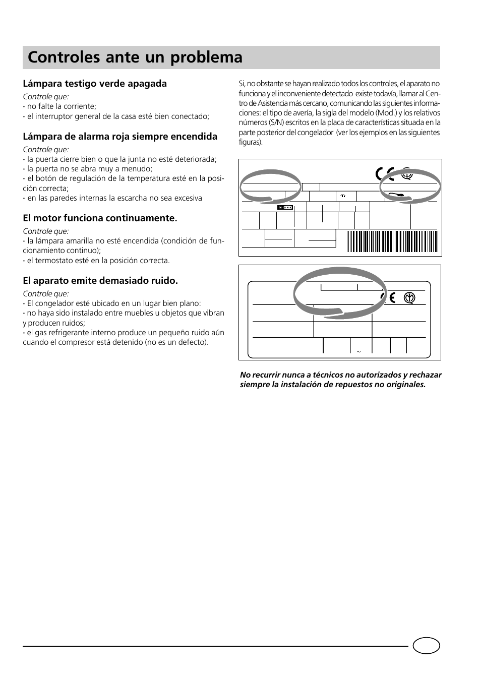 Controles ante un problema, Lámpara testigo verde apagada, Lámpara de alarma roja siempre encendida | El motor funciona continuamente, El aparato emite demasiado ruido, Controle que: · no falte la corriente | Indesit GCO120 User Manual | Page 37 / 60