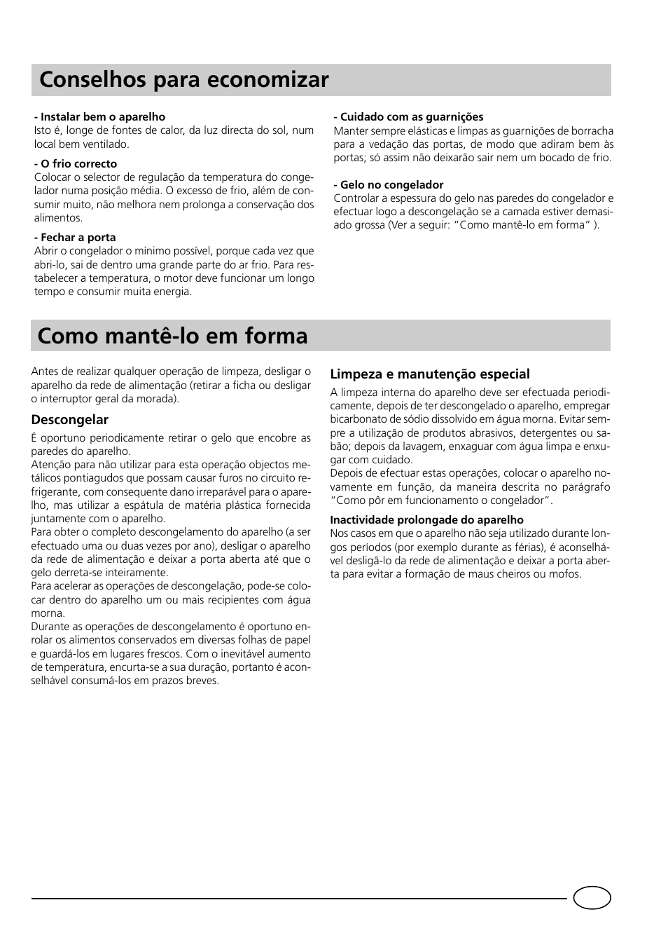 Como mantê-lo em forma, Conselhos para economizar | Indesit GCO120 User Manual | Page 43 / 60