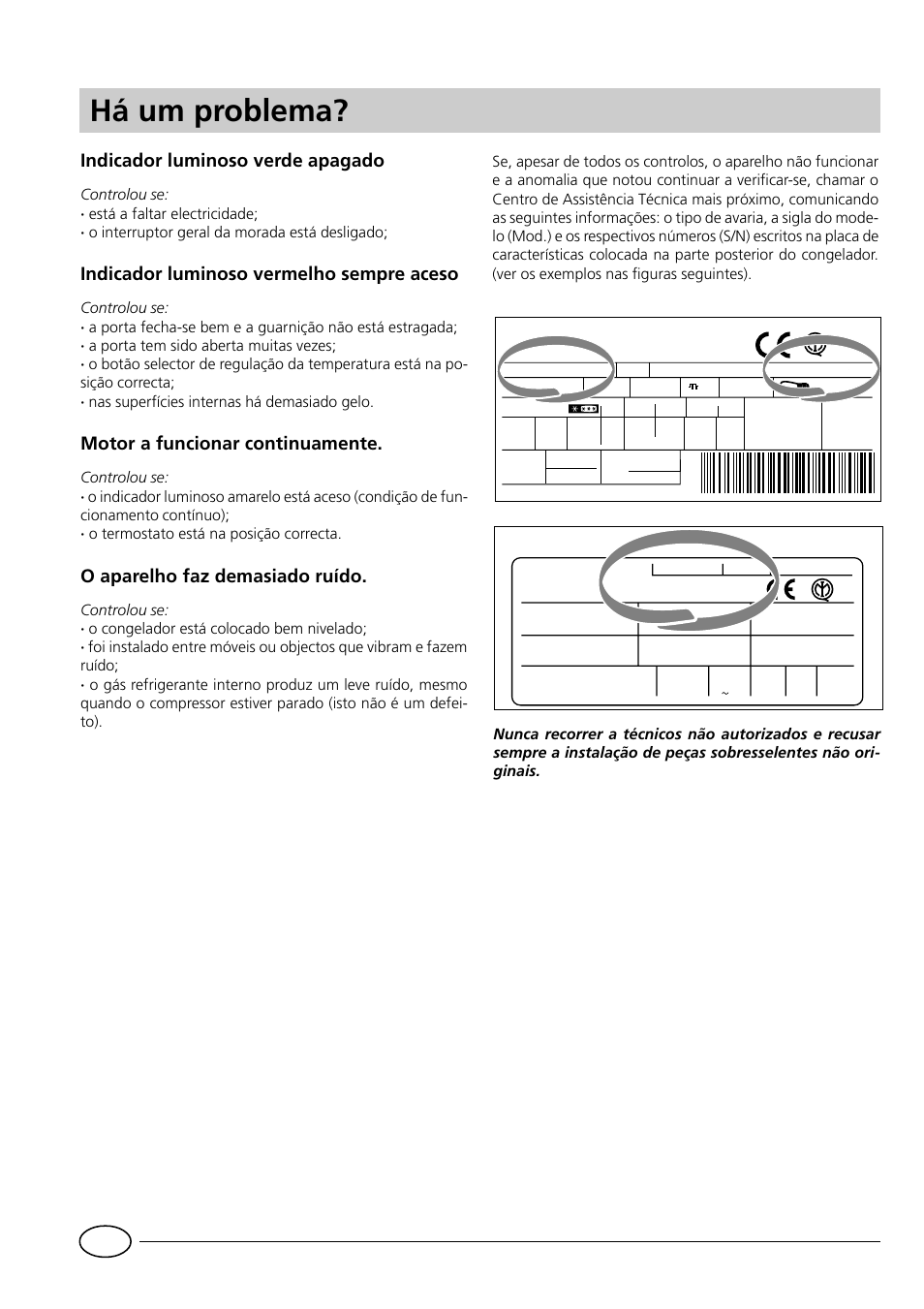 Há um problema, Indicador luminoso verde apagado, Indicador luminoso vermelho sempre aceso | Motor a funcionar continuamente, O aparelho faz demasiado ruído | Indesit GCO120 User Manual | Page 44 / 60