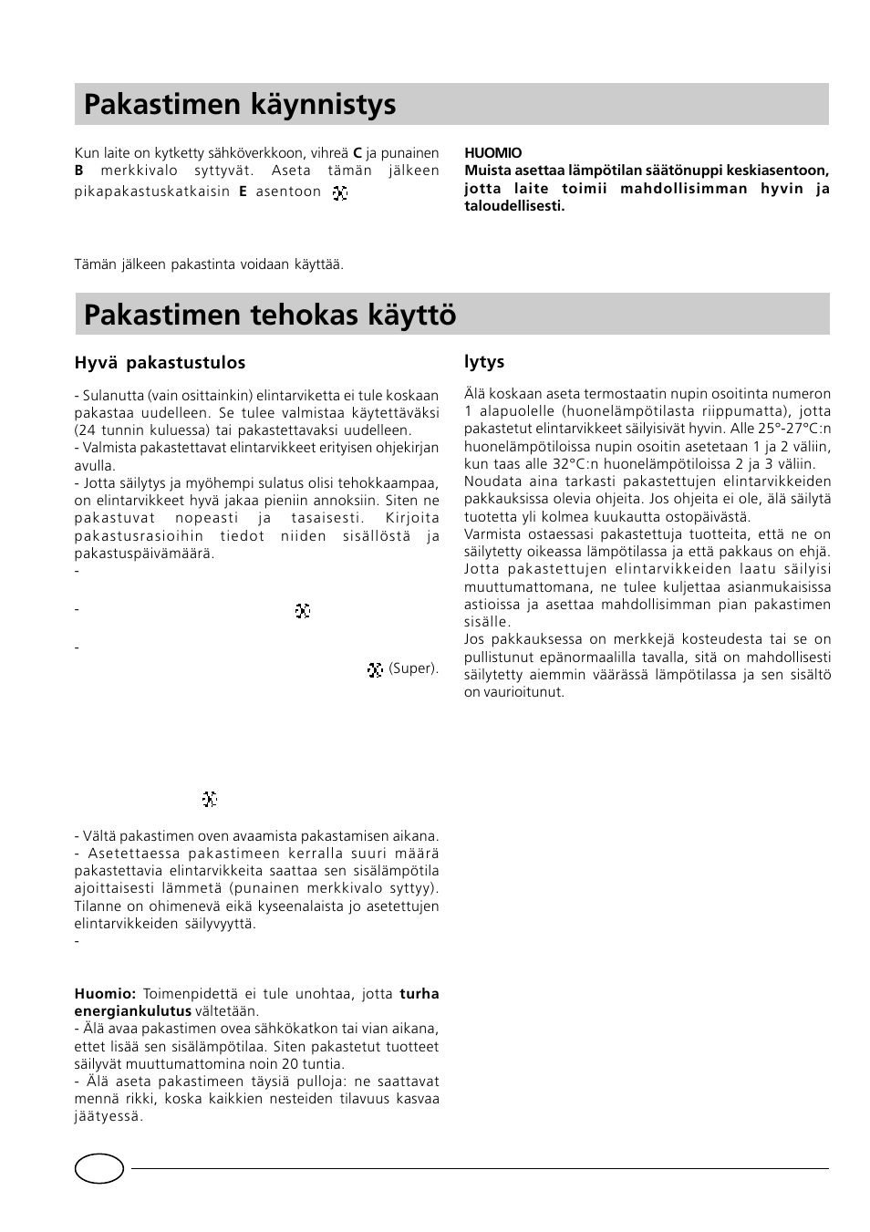 Pakastimen käynnistys pakastimen tehokas käyttö | Indesit GCO120 User Manual | Page 54 / 60