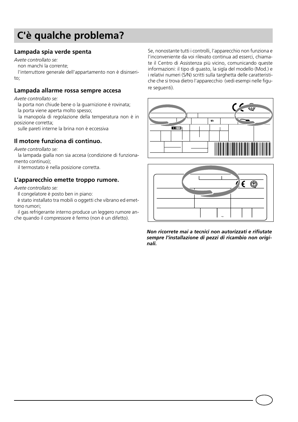 C'è qualche problema, Lampada spia verde spenta, Lampada allarme rossa sempre accesa | Il motore funziona di continuo, L’apparecchio emette troppo rumore, Avete controllato se: ••••• non manchi la corrente | Indesit GCO120 User Manual | Page 9 / 60