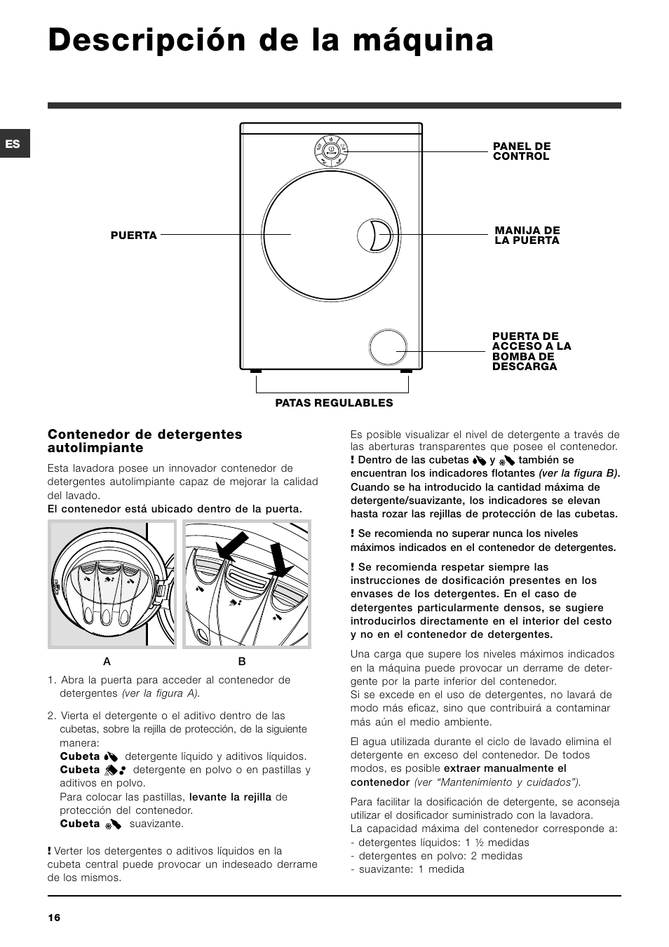 Descripción de la máquina, Contenedor de detergentes autolimpiante | Indesit SIXL 126 S User Manual | Page 16 / 48