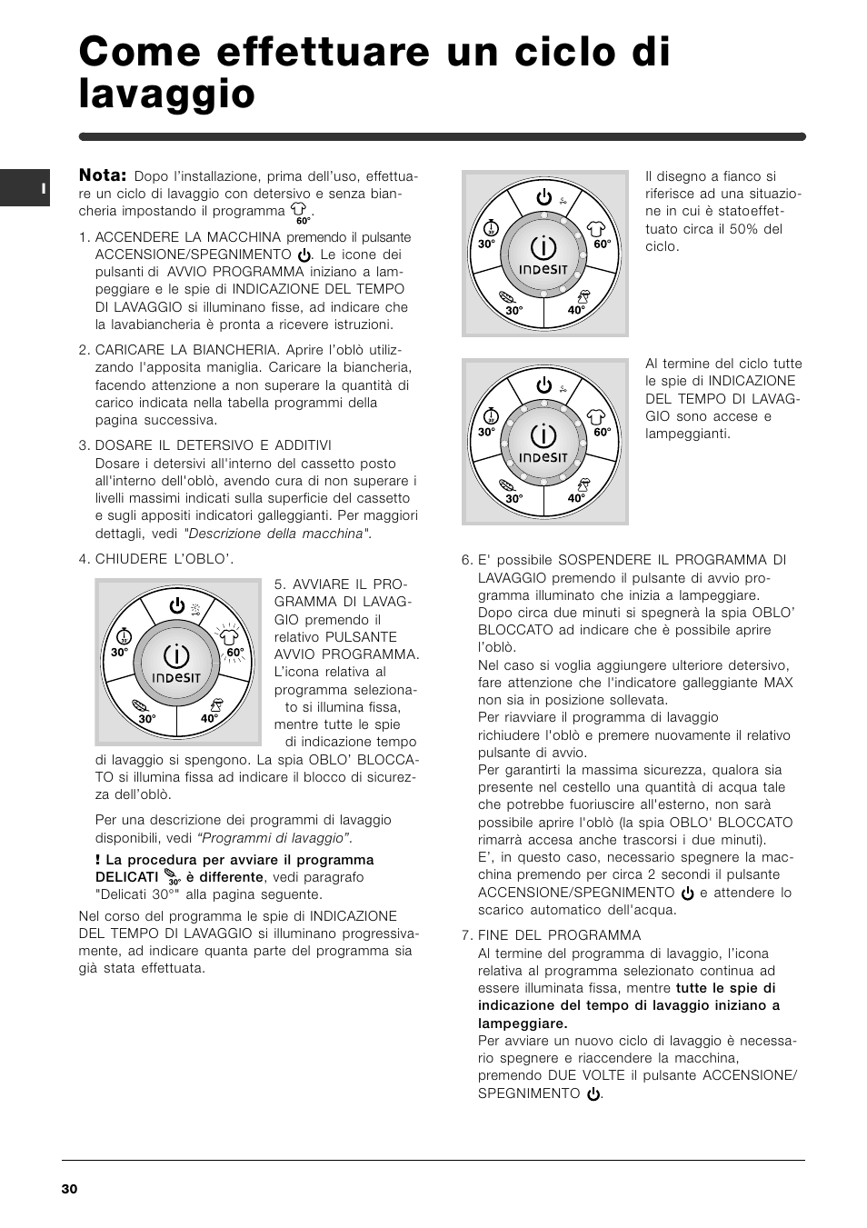 Come effettuare un ciclo di lavaggio | Indesit SIXL 126 S User Manual | Page 30 / 48