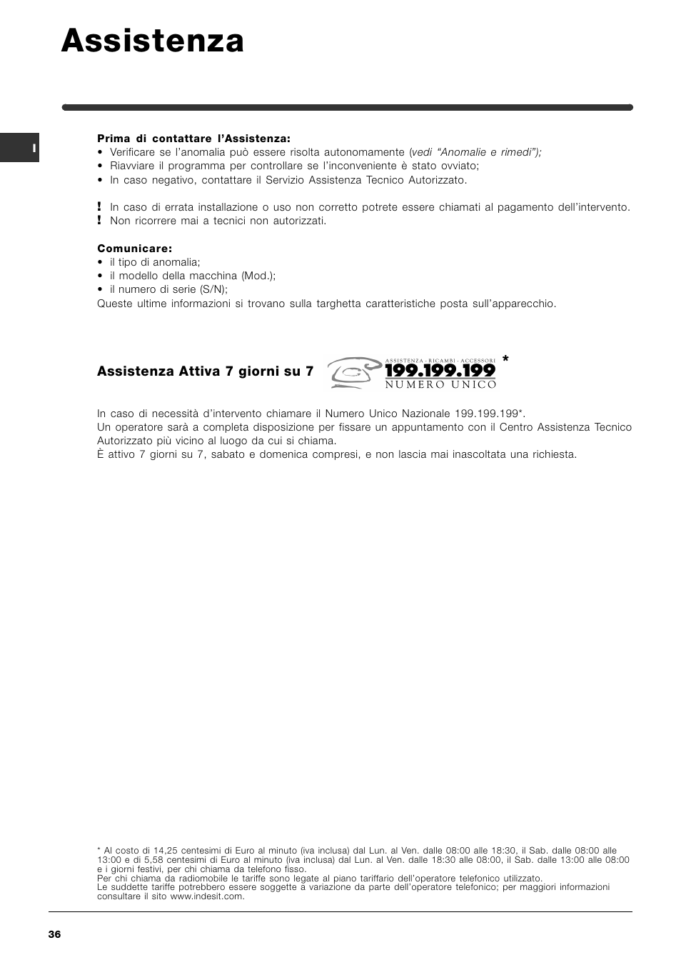 Assistenza | Indesit SIXL 126 S User Manual | Page 36 / 48