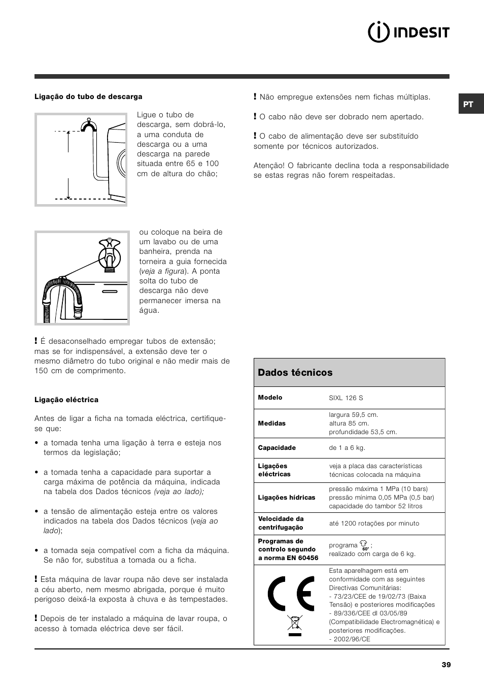 Dados técnicos | Indesit SIXL 126 S User Manual | Page 39 / 48