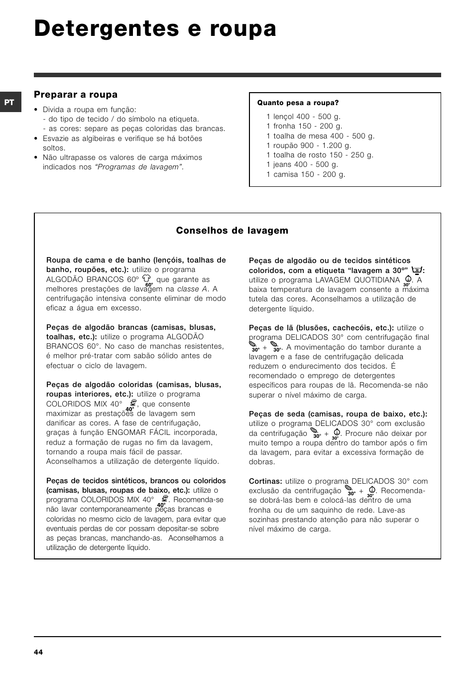 Detergentes e roupa, Conselhos de lavagem, Preparar a roupa | Indesit SIXL 126 S User Manual | Page 44 / 48