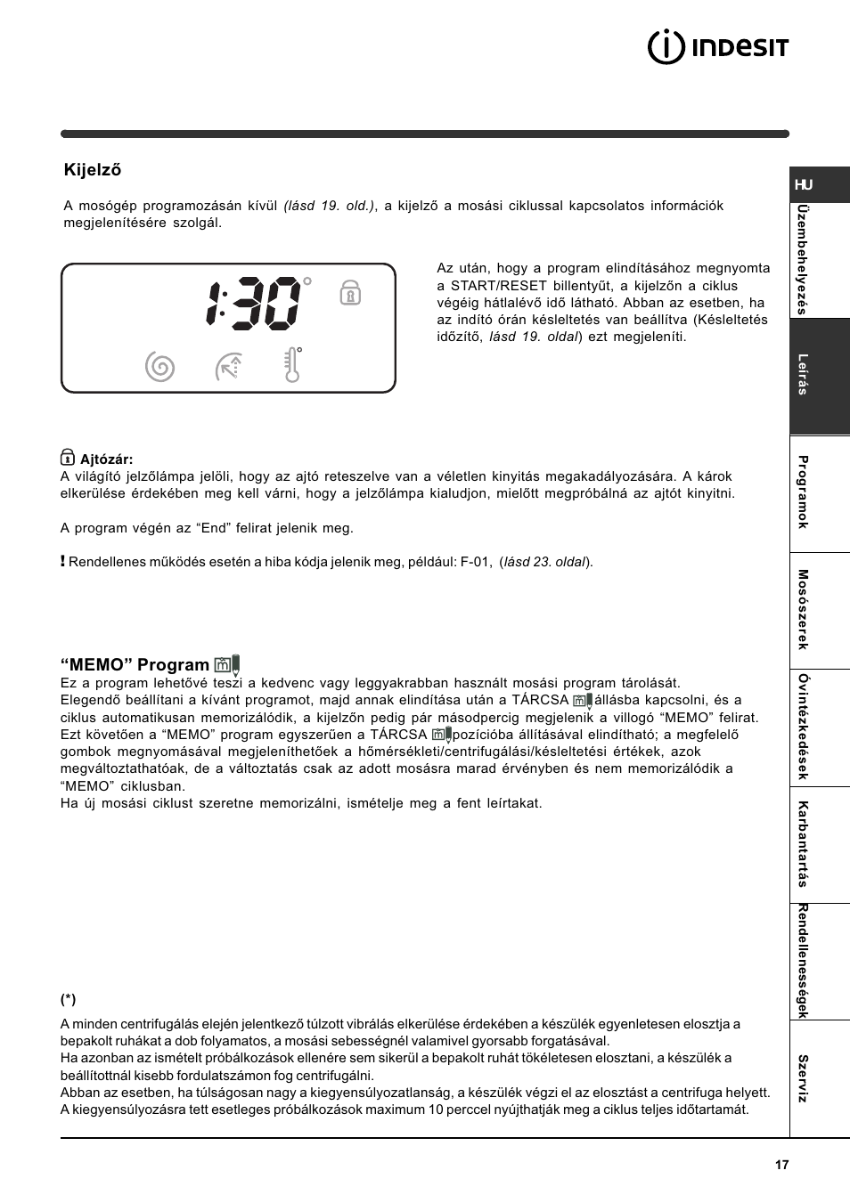 Kijelzõ | Indesit WITE 87 User Manual | Page 17 / 72