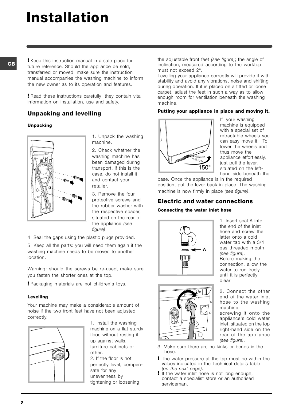 Installation, Unpacking and levelling, Electric and water connections | Indesit WITE 87 User Manual | Page 2 / 72