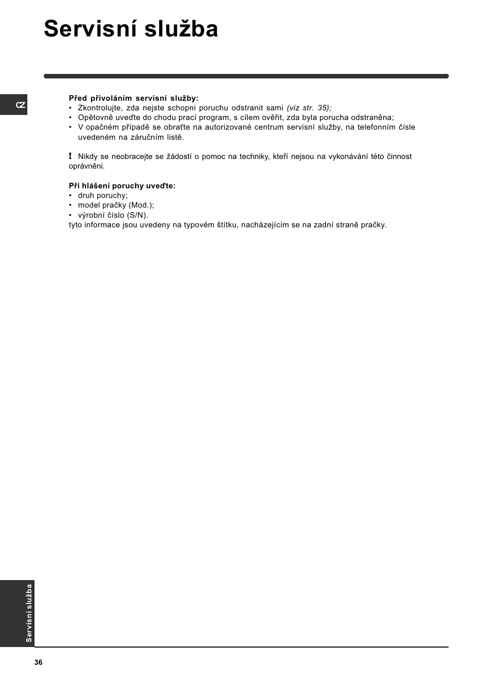 Servisní sluba | Indesit WITE 87 User Manual | Page 36 / 72