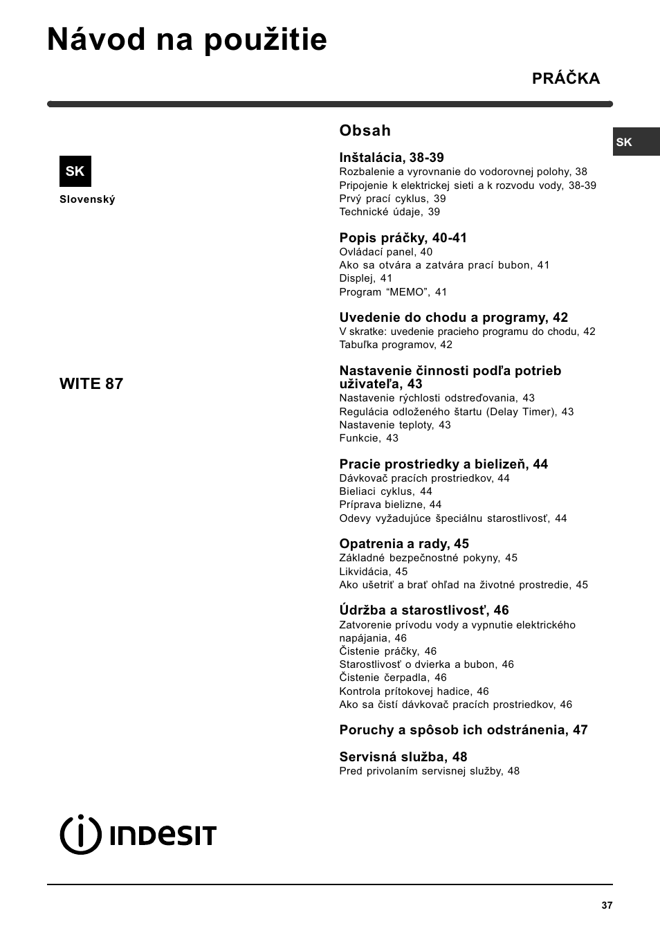 Indesit WITE 87 User Manual | Page 37 / 72