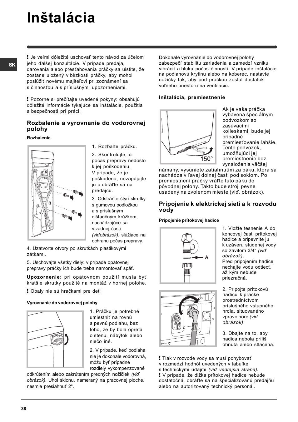 Intalácia | Indesit WITE 87 User Manual | Page 38 / 72