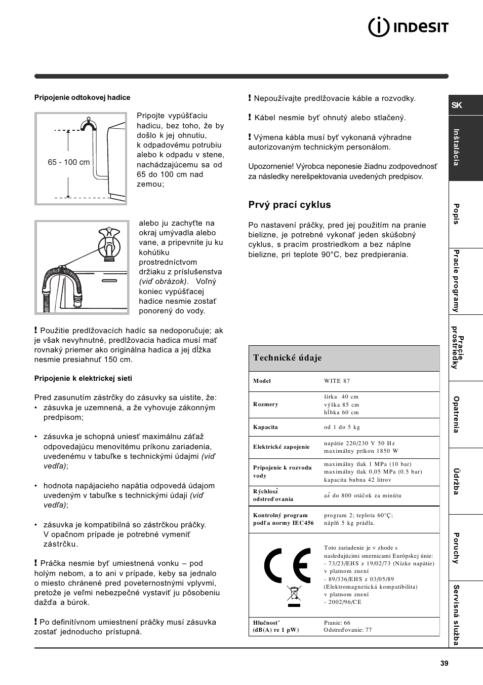 Prvý prací cyklus | Indesit WITE 87 User Manual | Page 39 / 72