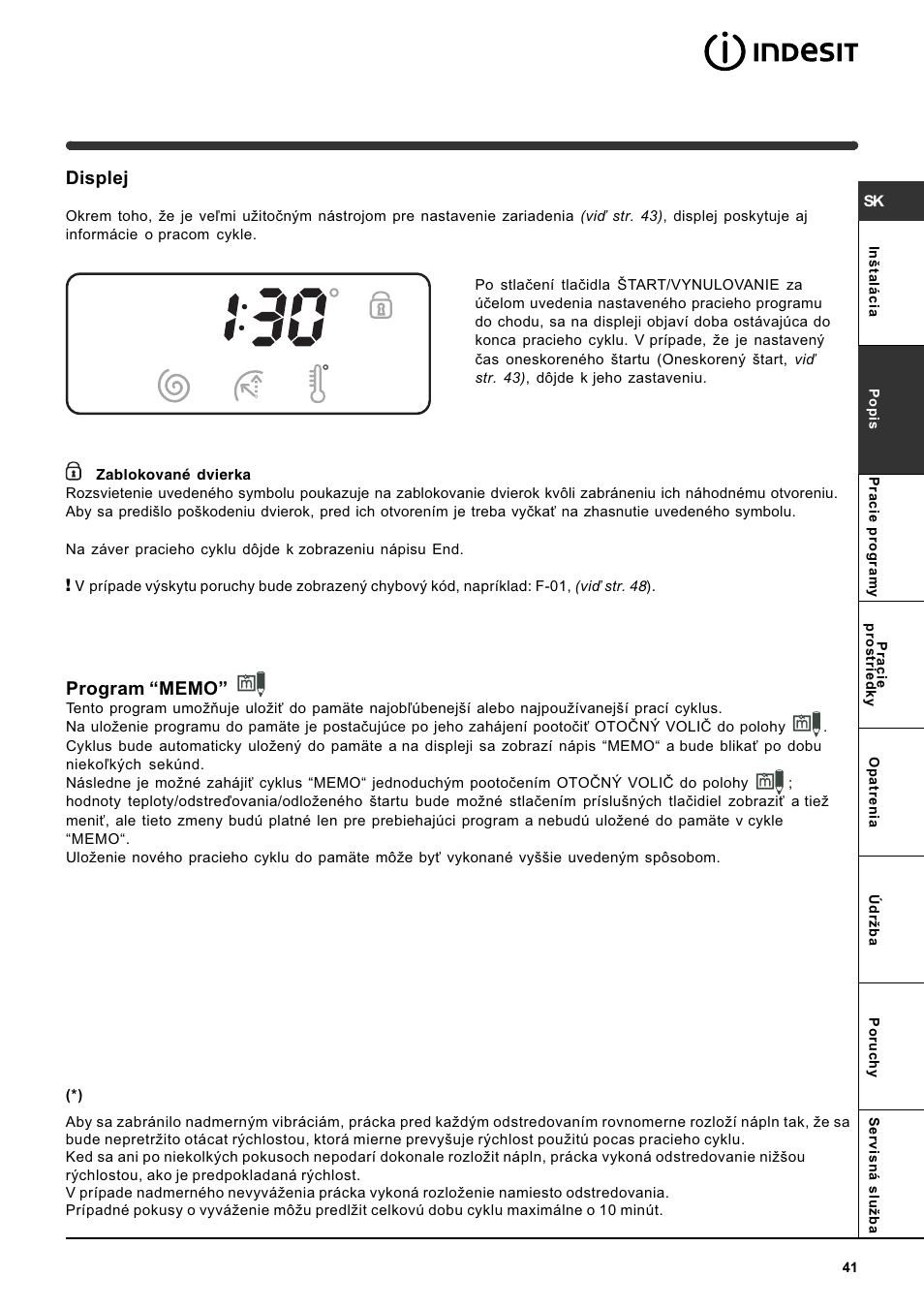 Displej | Indesit WITE 87 User Manual | Page 41 / 72