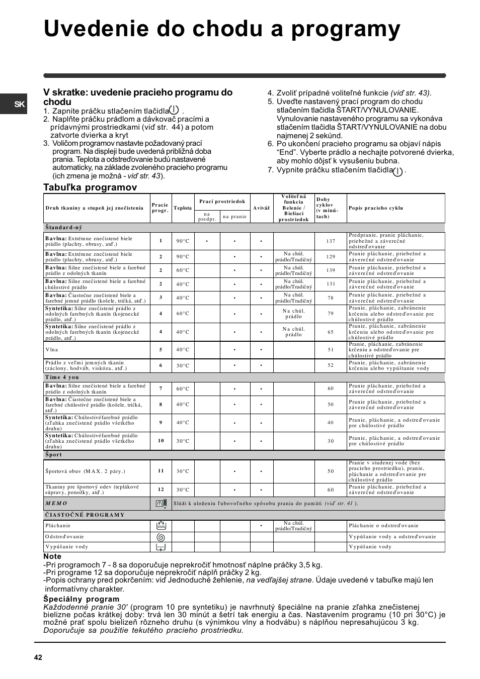 Uvedenie do chodu a programy, V skratke: uvedenie pracieho programu do chodu, Tabu¾ka programov | Indesit WITE 87 User Manual | Page 42 / 72